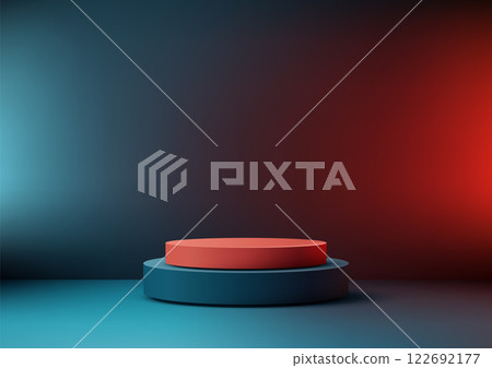modern 3d cylindrical tiered podium display mockup with vibrant orange and blue showcase in dramatic lighting modern 3d cylindrical tiered podium display mockup with vibrant orange and blue showcase in dramatic lighting 122692177