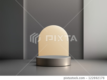 modern minimalist metallic gray cylindrical podium display mockup with warm cream illuminated panel modern minimalist metallic gray cylindrical podium display mockup with warm cream illuminated panel 122692178