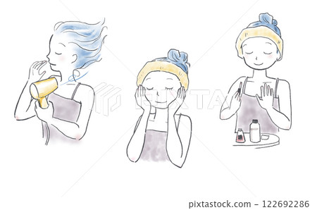 Illustration set of a woman doing skin care after bath Illustration set of a woman doing skin care after bath 122692286
