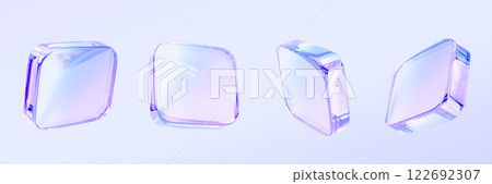 3d crystal glass square plate shapes with holographic gradient. Isolated cube block with rainbow light prism effect render icon set. Abstract glossy iridescent object with reflection. 3D illustration 122692307