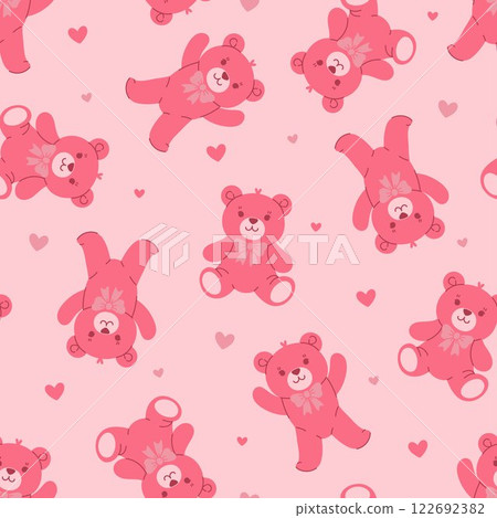 Seamless pattern with pink teddy bears and hearts. Vector graphics. Seamless pattern with pink teddy bears and hearts. Vector graphics. 122692382