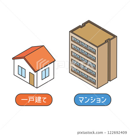 Isometric illustration of a detached house and apartment 122692409