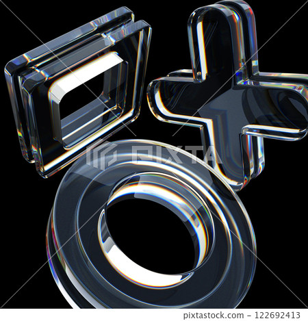 Abstract 3d black background wallpaper with glass transparent clear square, circle, cross shapes and crystal light iridescent holographic neon gradient. Digital tech banner bg render. 3D illustration 122692413