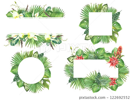 Tropical green leaves with flowers. Frame banner set Red, white and green exotic plant, Monstera palm leaf, curly creeper, tropic buds. Watercolor hand drawn illustration. Isolated from background.  122692552