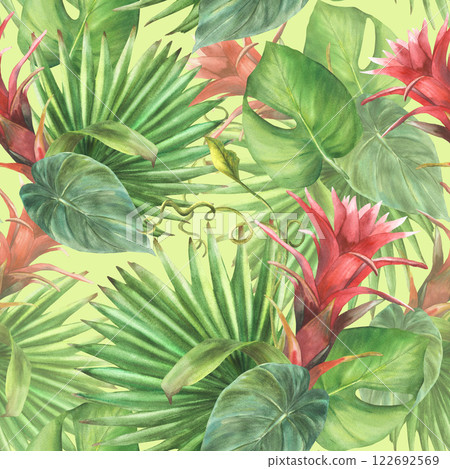 Tropical seamless pattern Red flowers with green palm leaf, various exotic leaves Floral Hawaiian summer fabric design Watercolor hand drawn illustration for wallpaper on isolated coloured background  122692569