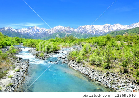 Fresh green Matsukawa River and the Northern Alps 122692616