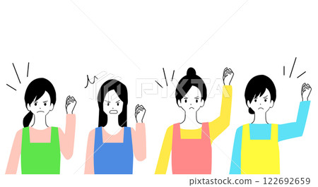 Illustration of angry young housewives wearing aprons Illustration of angry young housewives wearing aprons 122692659