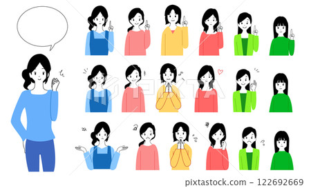 Avatar set of multiple young women: smiling, troubled, introducing 122692669