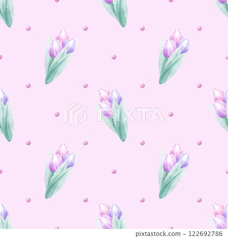 Bouquets of pink and lilac tulips with beads watercolor seamless pattern on pink background. Hand draw delicate pastel flower illustration for Mother and Women Day design, textile, fabric, packaging. 122692786