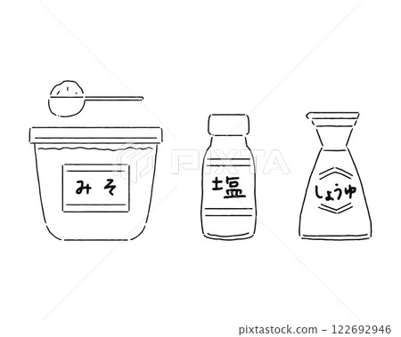 味噌、鹽、醬油、調味料、線描 味噌、鹽、醬油、調味料、線描 122692946