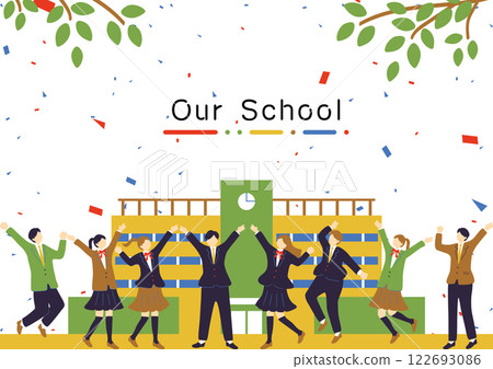 男女學生在學校大樓前興奮不已 122693086