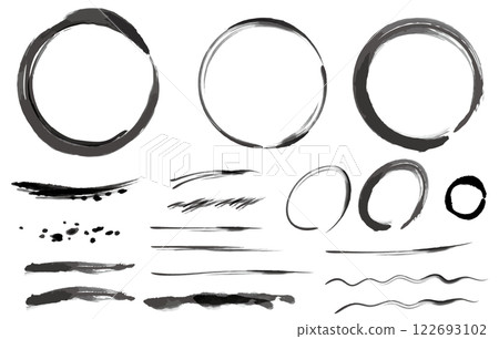 Japanese-style circle and line design material drawn with black ink. A simple frame that makes use of the texture of the brush. Japanese-style circle and line design material drawn with black ink. A simple frame that makes use of the texture of the brush. 122693102
