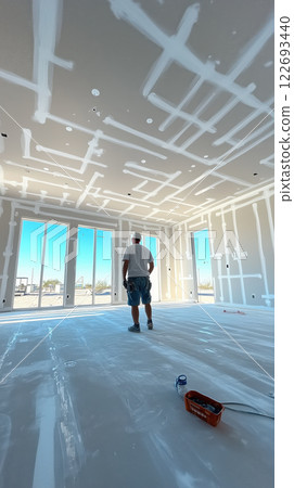 professional drywall installer working on new residential project, applying finishing touches 122693440