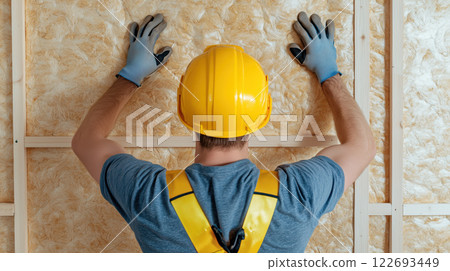 worker is fitting foam insulation panels on wall worker is fitting foam insulation panels on wall 122693449