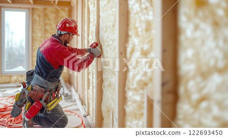 Worker fitting foam insulation in construction site, focused and skilled 122693450
