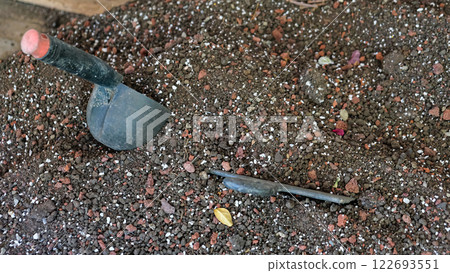 Soil, nutrient substrate and a scoop for transplanting potted plants with a composition of baking powder 122693551