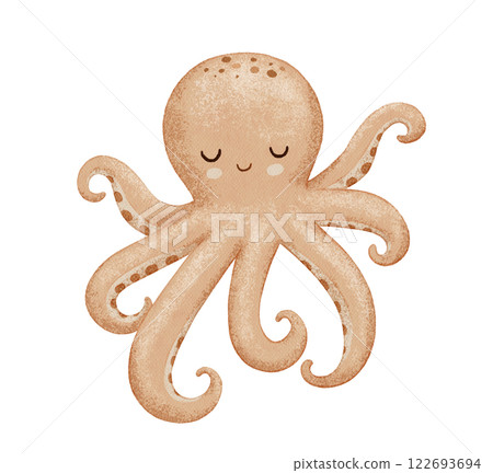 Cute octopus, sea animal character in neutral colors, watercolor hand drawn isolated illustration for baby 122693694