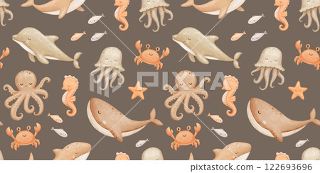 Seamless brown pattern with cute baby whale, octopus and seahorse, sea animals, watercolor hand drawn isolated repeating design on dark for kids 122693696