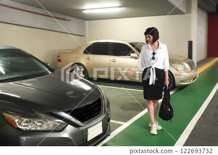 A Woman Parked Her Car and Engaged the Security Alarm, Ensuring Safety and Protection for Her Vehicle in a Busy Urban Environment, Reflecting Responsible Car Ownership and Awareness of Surroundings A Woman Parked Her Car and Engaged the Security Alarm, Ensuring Safety and Protection for Her Vehicle in a Busy Urban Environment, Reflecting Responsible Car Ownership and Awareness of Surroundings 122693732