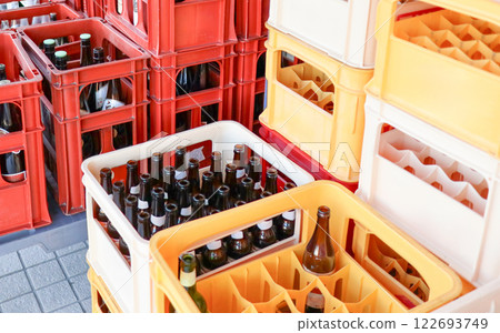 A scene of collected beer bottles lined up in an orderly fashion 122693749