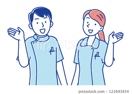 Illustration of a young male and female nurse raising their hands to guide 122693854