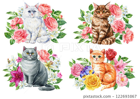 Cat with beautiful flowers. Hand drawn illustration fluffy kitten, roses, lilies. botanical animal art for prints, decor Cat with beautiful flowers. Hand drawn illustration fluffy kitten, roses, lilies. botanical animal art for prints, decor 122693867