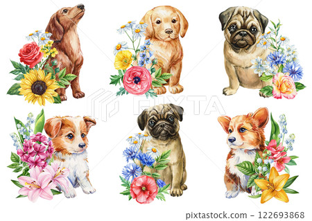 Set dogs. fluffy puppy and floral bouquet watercolor illustration, charming dog with wildflowers, adorable pet art print 122693868