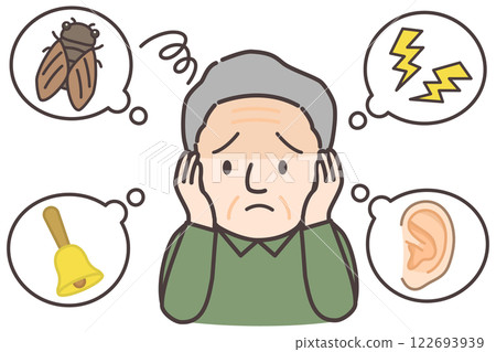 一位受耳鳴和噪音困擾的老年人的插圖 122693939