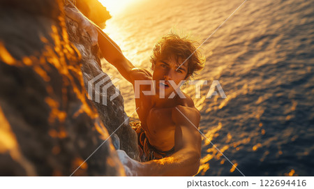 determined rock climber scaling steep cliffside at sunset 122694416