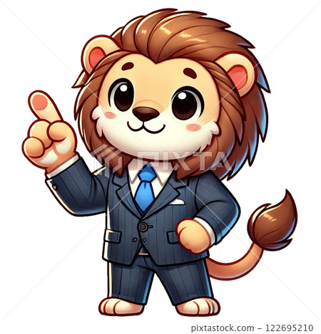 A lion in a suit explaining with his index finger raised 122695210