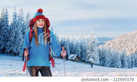 Woman Traveler with backpack hiking Travel Lifestyle adventure concept active vacations outdoor. 122695570