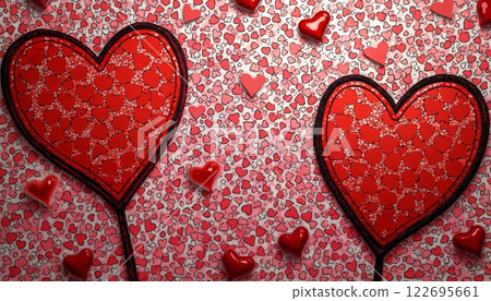 abstract illustration for Valentine's Day celebration, red hearts on colorful mosaic background, bright and cheerful abstract illustration for Valentine's Day celebration, red hearts on colorful mosaic background, bright and cheerful 122695661