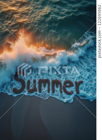 seascape view from above, large and beautiful ocean wave on beach, with inscription summer, at sunset, sunlight and wind shines through crest of wave, beautiful nature as background 122695662