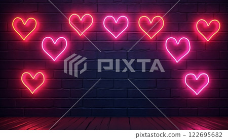 Neon hearts glow in the night against a brick wall, an abstract holiday backdrop for Valentine's Day celebrations 122695682