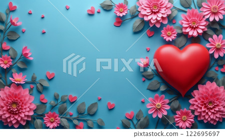 abstract festive background of red flowers and heart shapes on a soft cyan background for Valentine's Day celebrations 122695697
