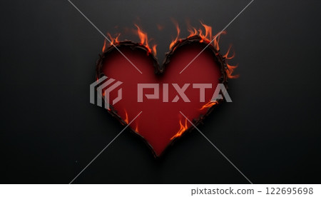 Valentine's day background, red heart with fire on a black background, burning flames around the edge 122695698
