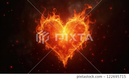 a red heart burning with fire on a dark background with flames, an abstract dark backdrop for the Valentine's Day celebration a red heart burning with fire on a dark background with flames, an abstract dark backdrop for the Valentine's Day celebration 122695715
