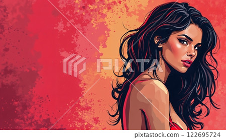 portrait of a girl with beautiful face and makeup, pop art illustration on red background portrait of a girl with beautiful face and makeup, pop art illustration on red background 122695724
