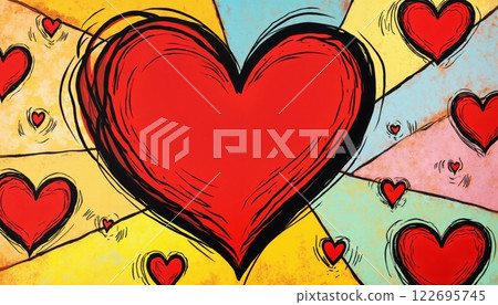abstract illustration for Valentine's Day celebration, a big red heart and many small ones on yellow background, bright, colorful and cheerful 122695745