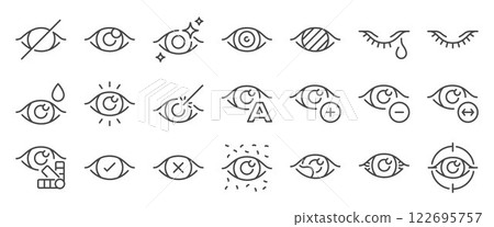 Eyes icon set. It included ophthalmology, vision, eyesight, optical, and more icons. Editable Vector Stroke. 122695757