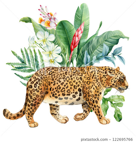 Majestic Leopard in Tropical Jungle with Exotic Flowers, Watercolor Wildlife Illustration for Nature and Animal Lovers Majestic Leopard in Tropical Jungle with Exotic Flowers, Watercolor Wildlife Illustration for Nature and Animal Lovers 122695766
