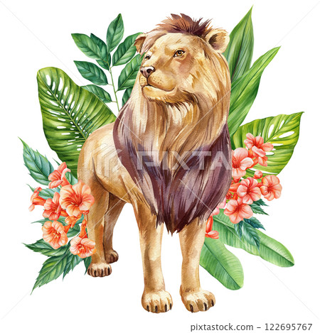 Powerful Lion Surrounded by Lush Green Leaves and Vibrant Flowers. Hand-Painted Watercolor Art for Wildlife Enthusiasts 122695767