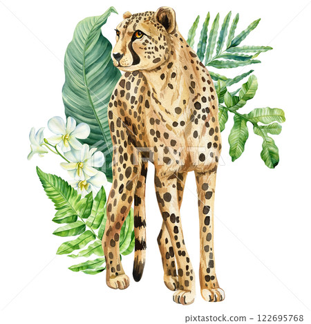 Elegant Cheetah Standing Amidst Lush Foliage, palm, White Flowers. Exotic Watercolor Animal Art for Posters and Prints Elegant Cheetah Standing Amidst Lush Foliage, palm, White Flowers. Exotic Watercolor Animal Art for Posters and Prints 122695768