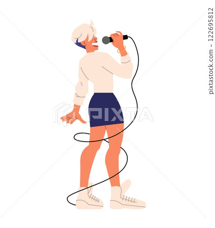 Sing woman. Happy girl singing, hold microphone. Hobby and leisure time. Vocalist performing song. Karaoke musicians. Entertainment show. People with mic. Vector cartoon flat isolated illustration Sing woman. Happy girl singing, hold microphone. Hobby and leisure time. Vocalist performing song. Karaoke musicians. Entertainment show. People with mic. Vector cartoon flat isolated illustration 122695812