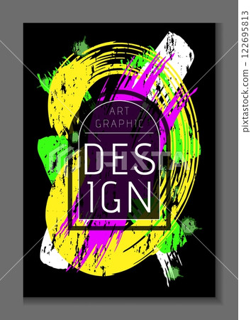 Art graphic design. Paint drops neon, abstract poster, geometry background. Menu cover. Typography template. Trendy ink blot. Creative smear and stain, cartoon flat style isolated vector illustration 122695813