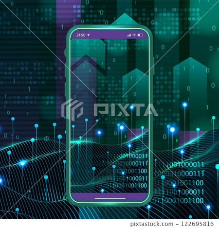 Mobile GPS. Navigation technology for smartphone. Wireframe surface with sparkles. Binary code. Phone screen. Network data. Cyber positioning. Cellphone interface. Digital navigator. Vector background 122695816