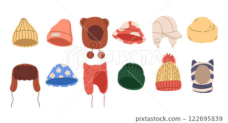 Winter hat. Wool cap. Fur clothes. Fashion for autumn. Fluffy headwear for freeze season weather. Knitted garment. Headdress for head protection. Warm accessory. Woolen accessory Vector clothing set 122695839