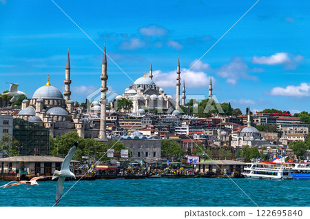 Stunning panoramic view of Istanbul's historic skyline, featuring iconic mosques, bustling waterfront, and clear blue skie Stunning panoramic view of Istanbul's historic skyline, featuring iconic mosques, bustling waterfront, and clear blue skie 122695840