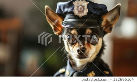 The little chihuahua, wearing a police uniform, looks stern and ready for action. The little chihuahua, wearing a police uniform, looks stern and ready for action. 122696164