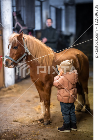 Horse care inside the stable before the ride. Little cute girl and pony. Horse care inside the stable before the ride. Little cute girl and pony. 122696238